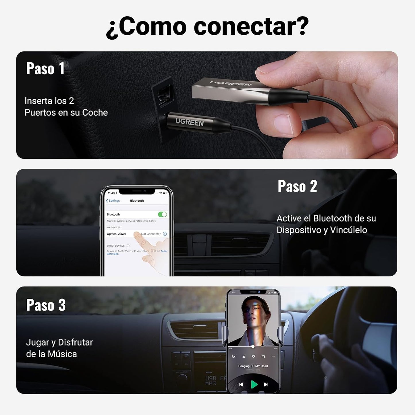 Adaptador Bluetooth AUX para coche con micrófono UGREEN