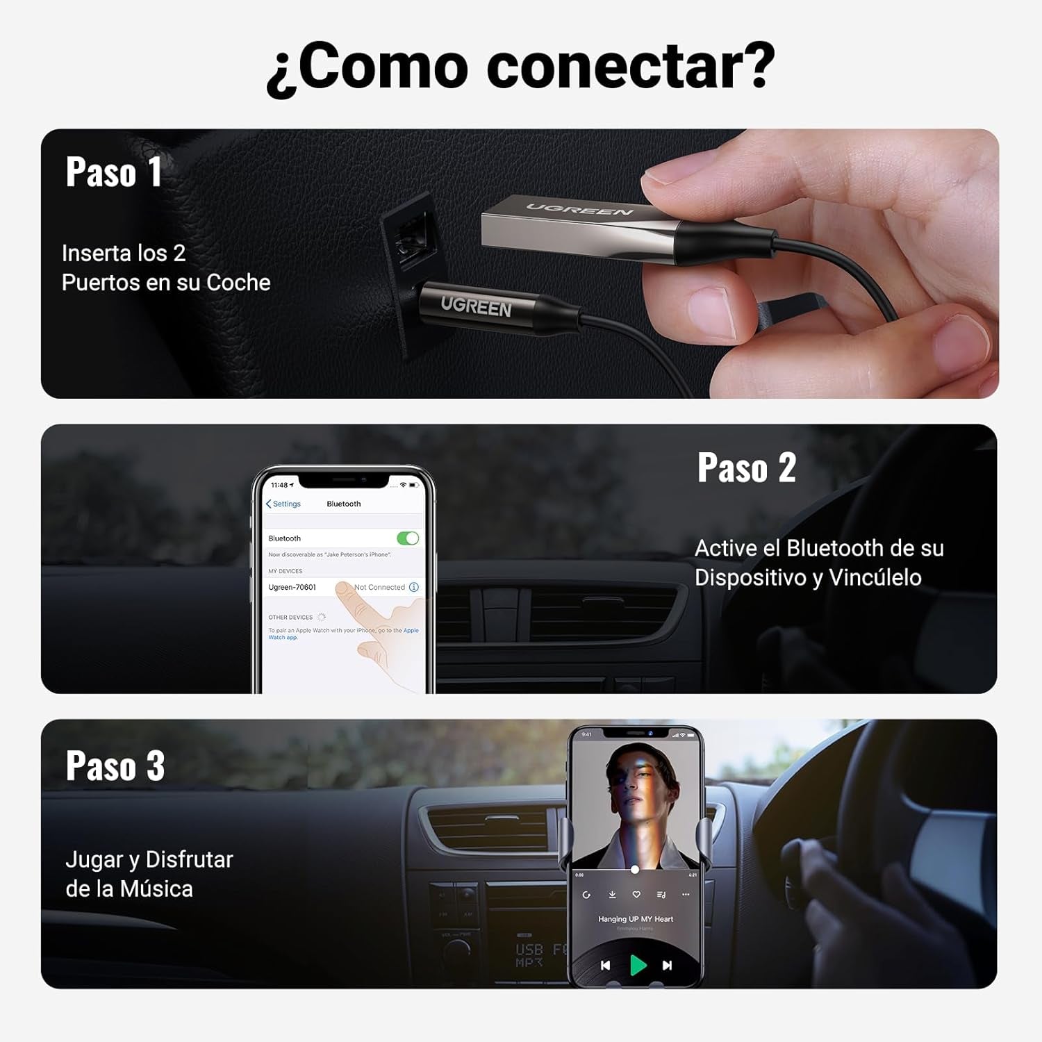 Adaptador Bluetooth AUX para coche con micrófono UGREEN